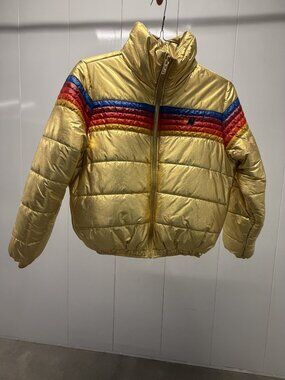 Aviator Nation Gold Metallic Rainbow Stripe Puffer Jacket L